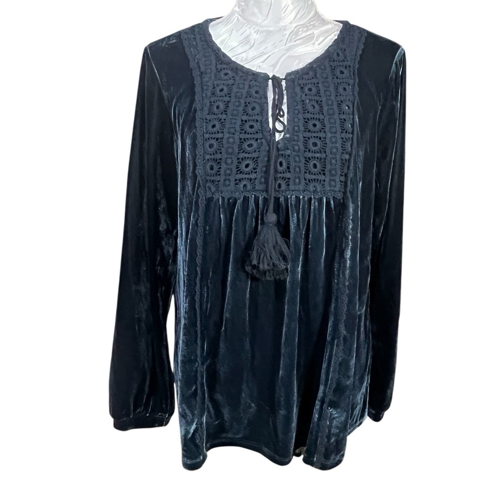 Kate & Sam Sz L Teal Velvet Tunic Blouse Tassel Tie Long Sleeve Boho Peasant Top